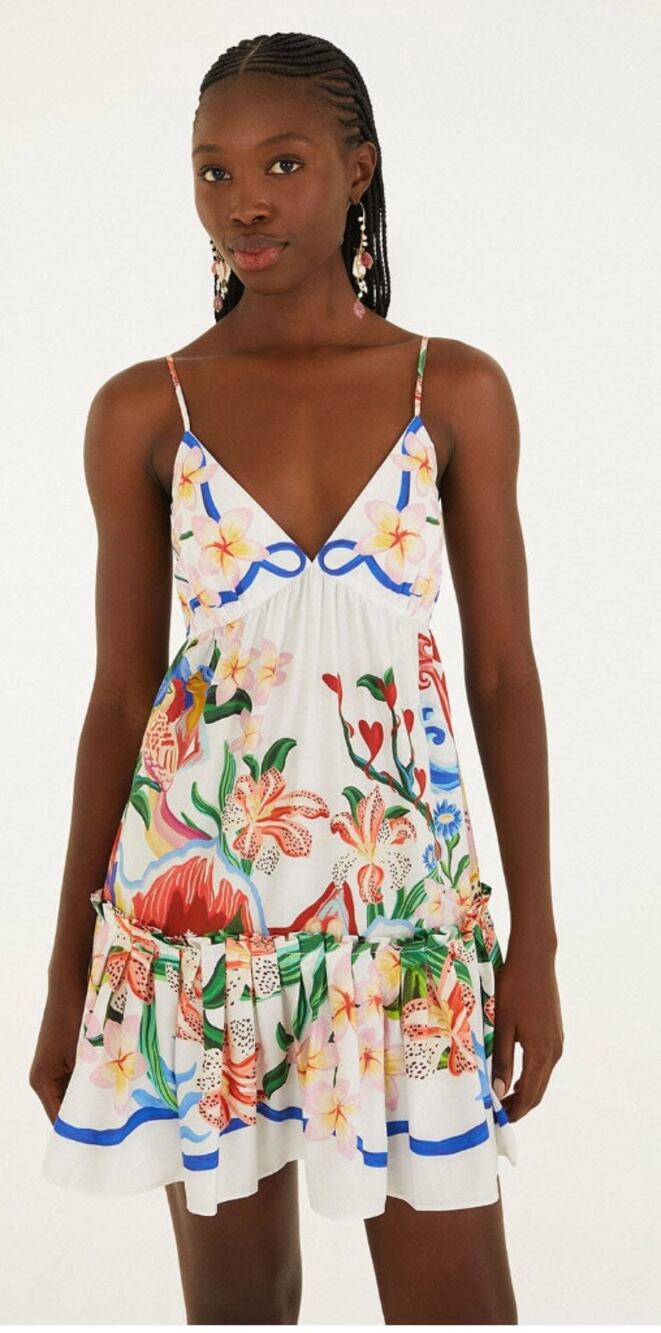 Farm Rio NEW Off-White Garden of Life Scarf Ruffled Mini Dress, Med